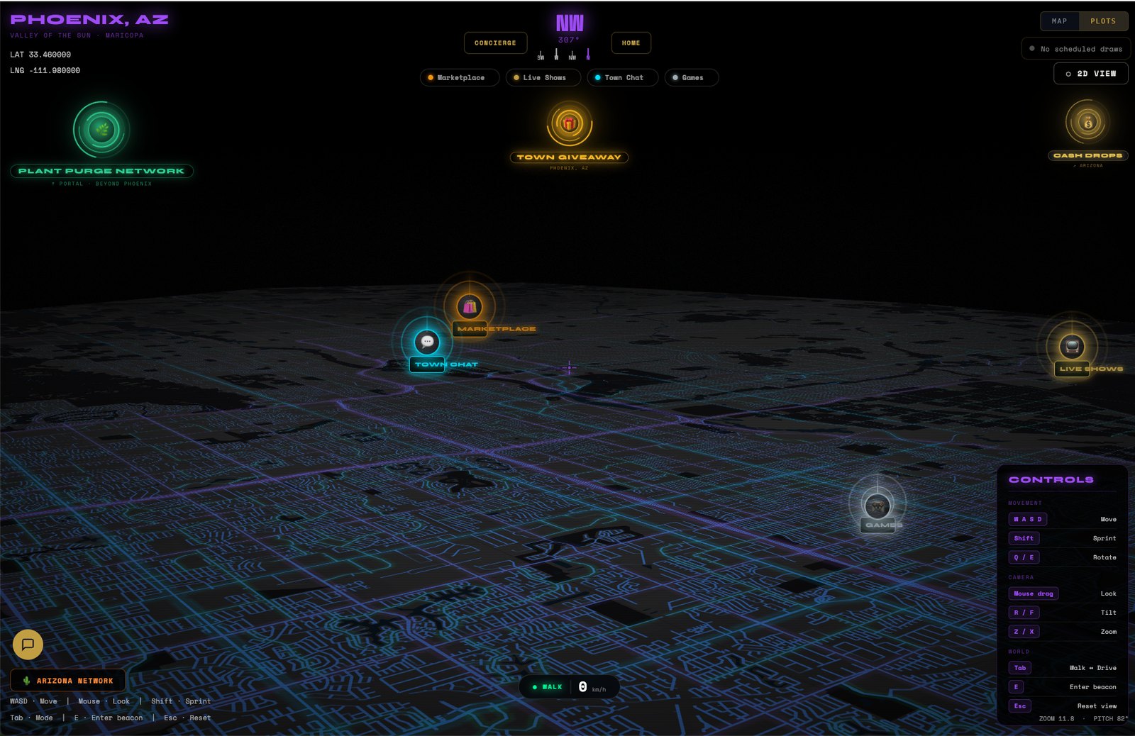 The Digital Towns 3D map of Phoenix, Arizona — showing the Town Giveaway, Cash Drops, Marketplace, Town Chat and Live Shows beacons over the Valley of the Sun.